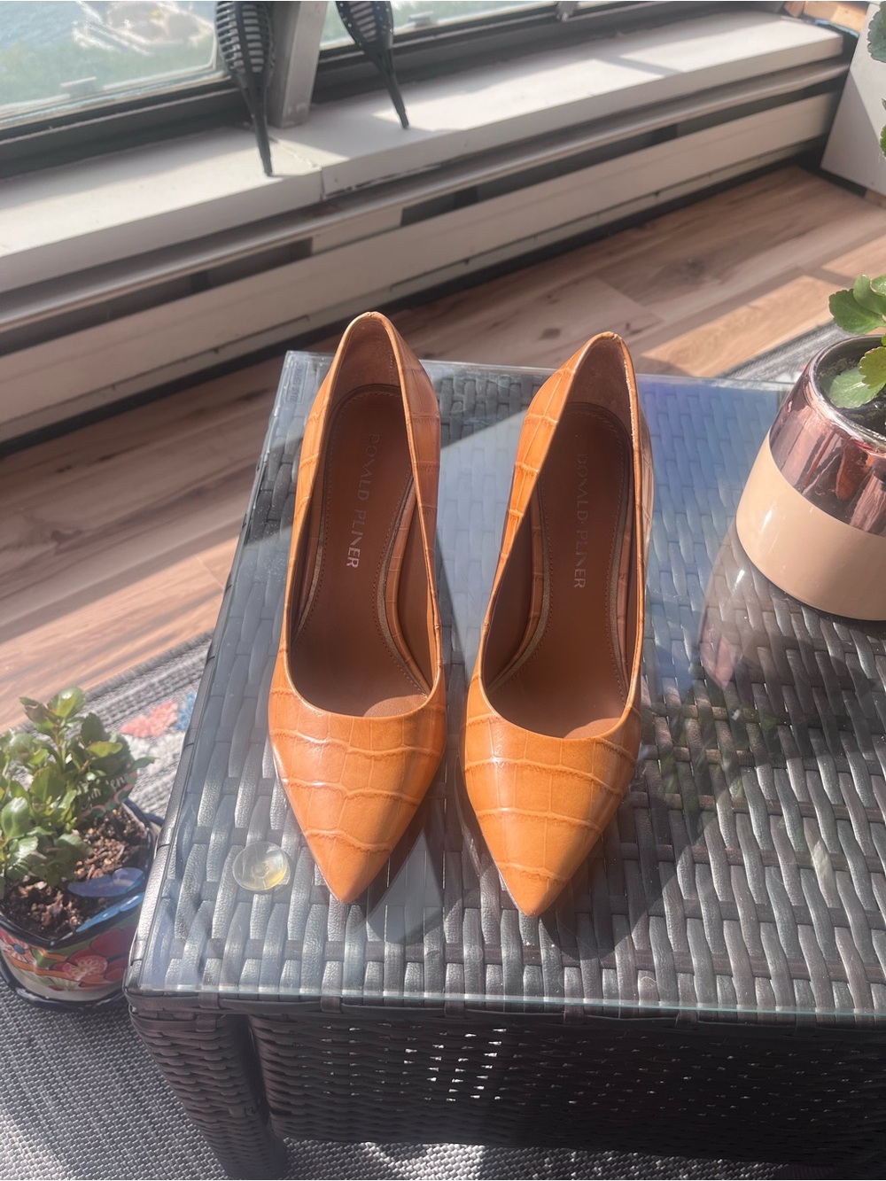 Donald J. Pliner Cognac Croc-Embossed Pointed Toe Pumps